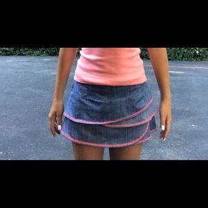 Girls ruffled faux washed denim print, pink edges